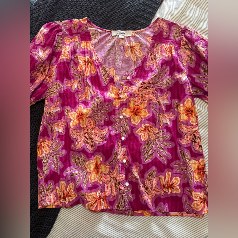 Loft Floral V-Neck Button-Up Blouse
